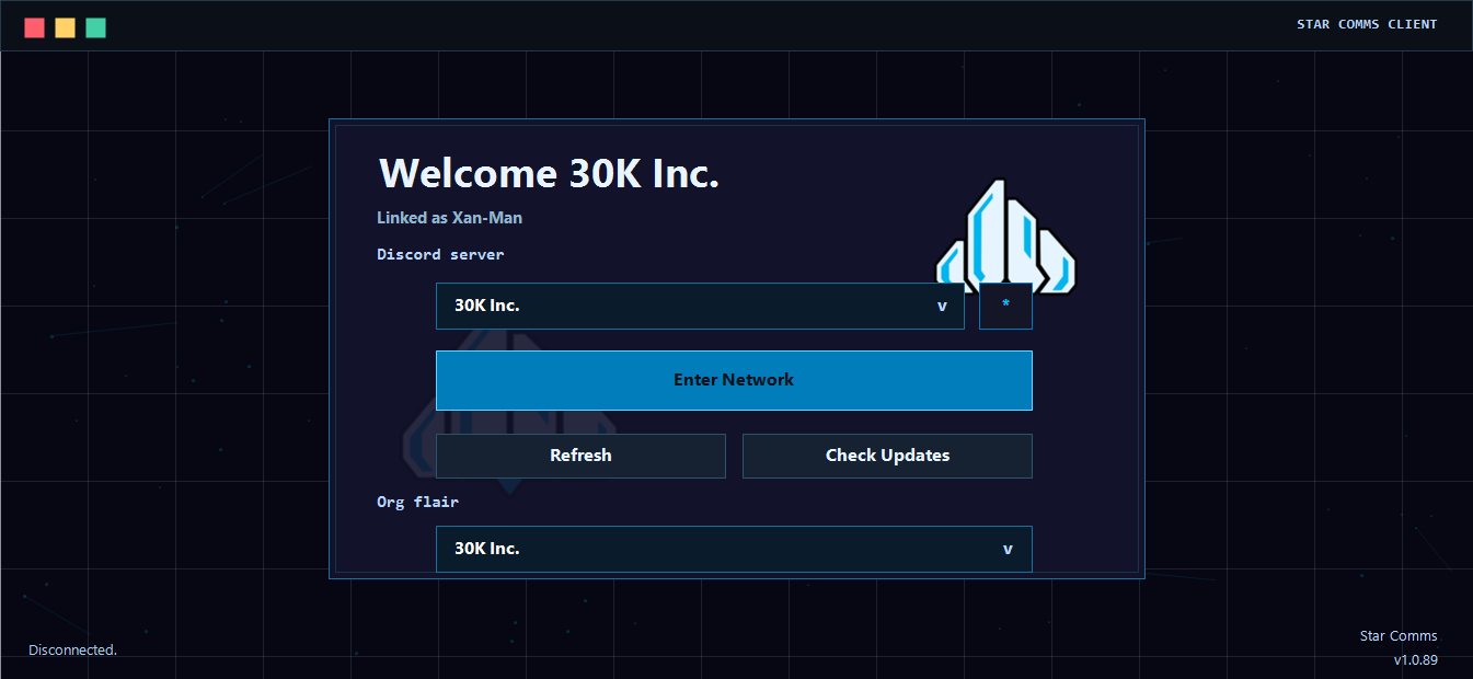 Real Star Comms launcher capture with 30K Inc flair