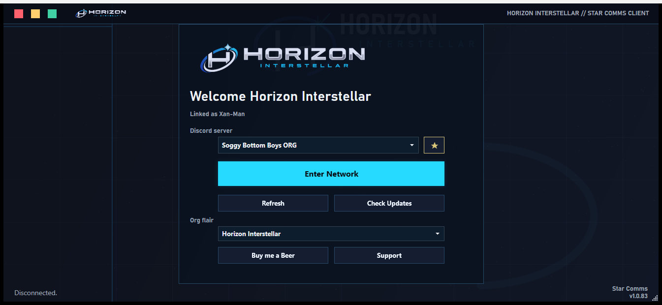 Real Star Comms launcher capture with Horizon Interstellar flair