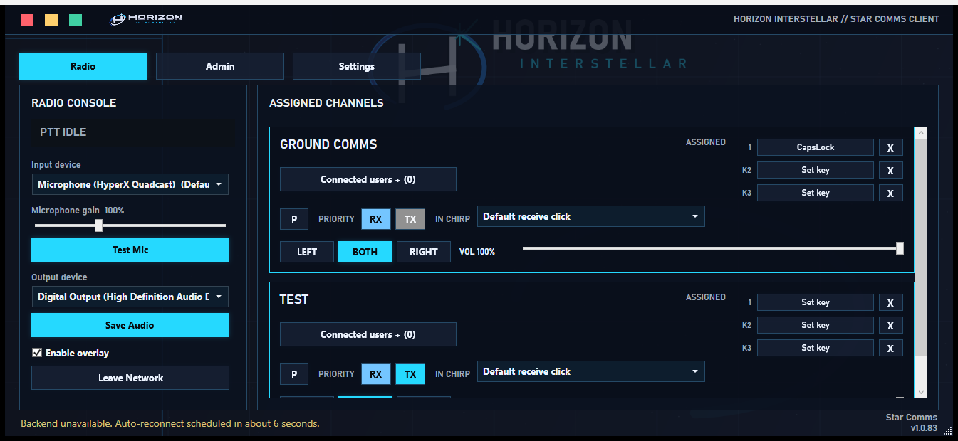 Star Comms radio console with assigned channels and keybinds